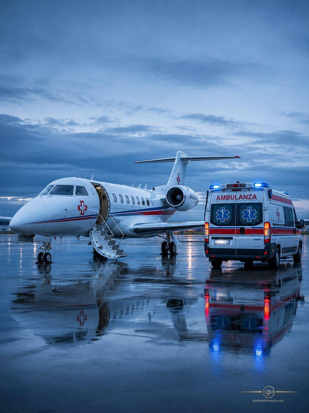 Air ambulance jet with a red cross on the fuselage and an ambulance alongside, on a wet apron