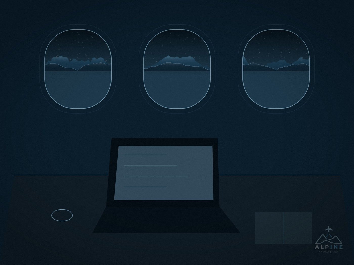 Passagier arbeitet am Tisch eines Privatjets, Laptop offen, kaltes Licht durch die Fenster